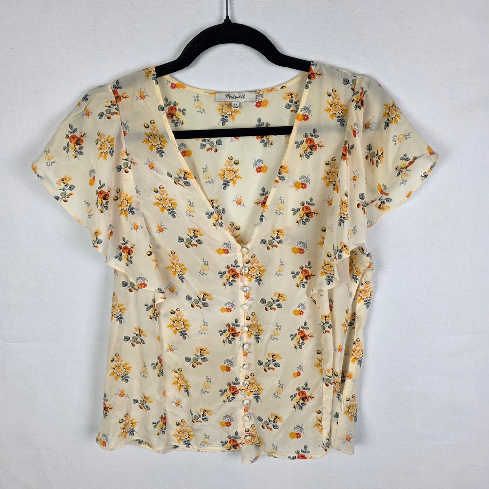Madewell Cream Floral Button Front Flutter Sleeve V-Neck Blouse Size 10